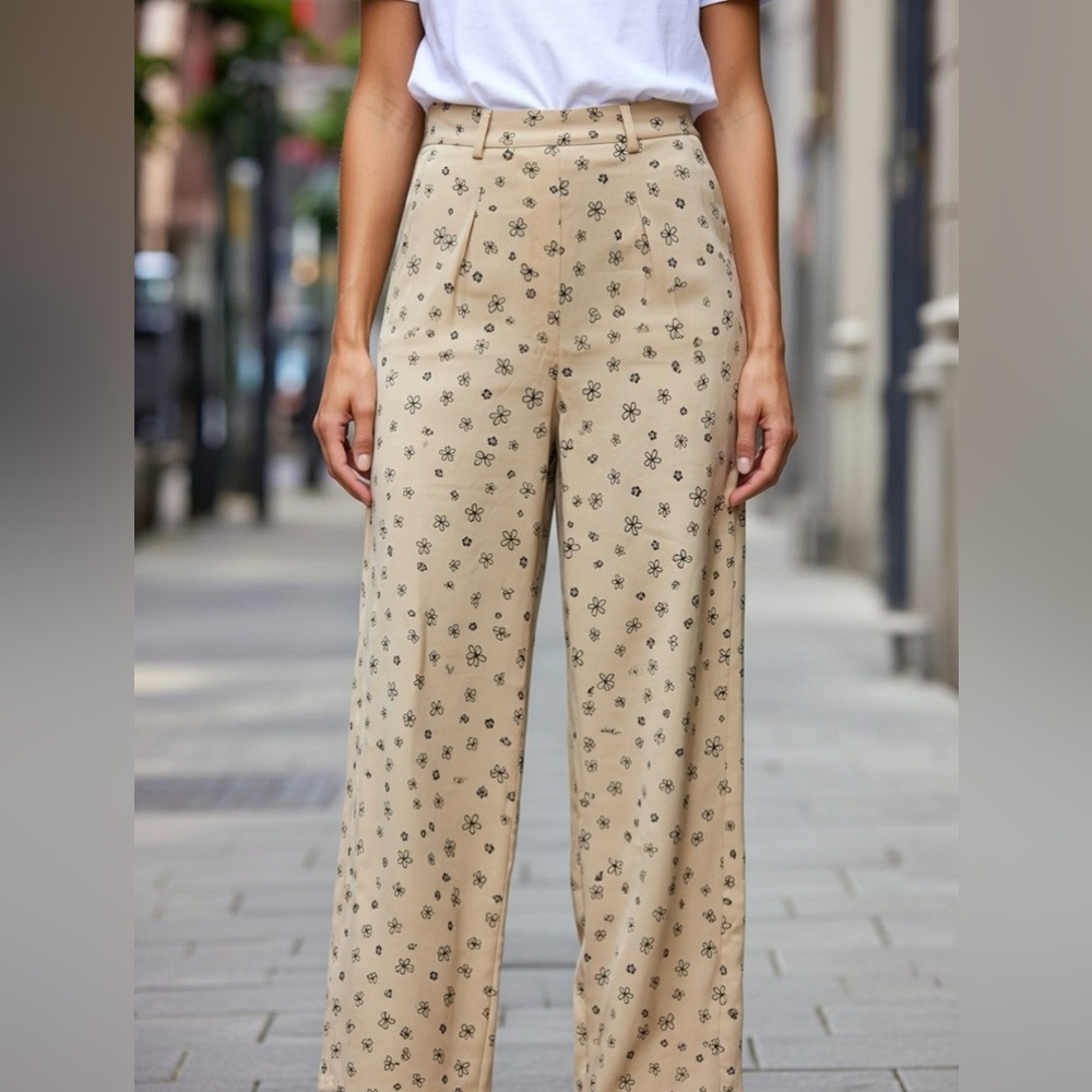 Full Length Le Lis Khaki Beige Floral Wide Leg Dressy Casual Pants Size 4/6
